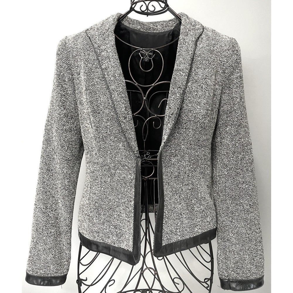 Bebe Wool Blend Herringbone Tweed Blazer Leather Trim Black White Size 8 EUC